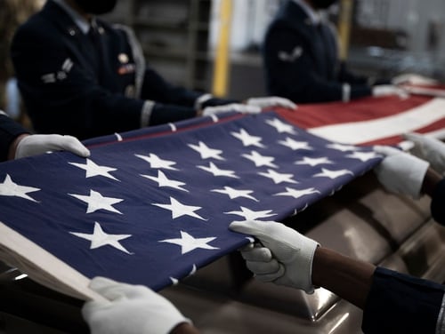 Ceremonial Guardsmen of the Base Honor Guard fold the American flag during a practice exercise at Little Rock Air Force Base, Ark., Aug. 25, 2020. (Airman 1st Class Isaiah Miller/Air Force)