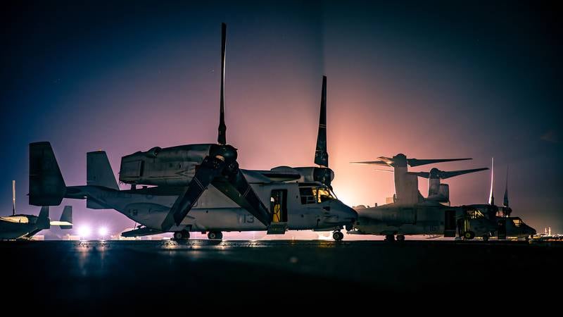 Marine Corps MV-22 Ospreys assigned to Marine Medium Tiltrotor Squadron 166, Special Purpose Marine Air-Ground Task Force Crisis Response - Central Command, are staged on the flight line in Kuwait, Sept 24, 2020.
