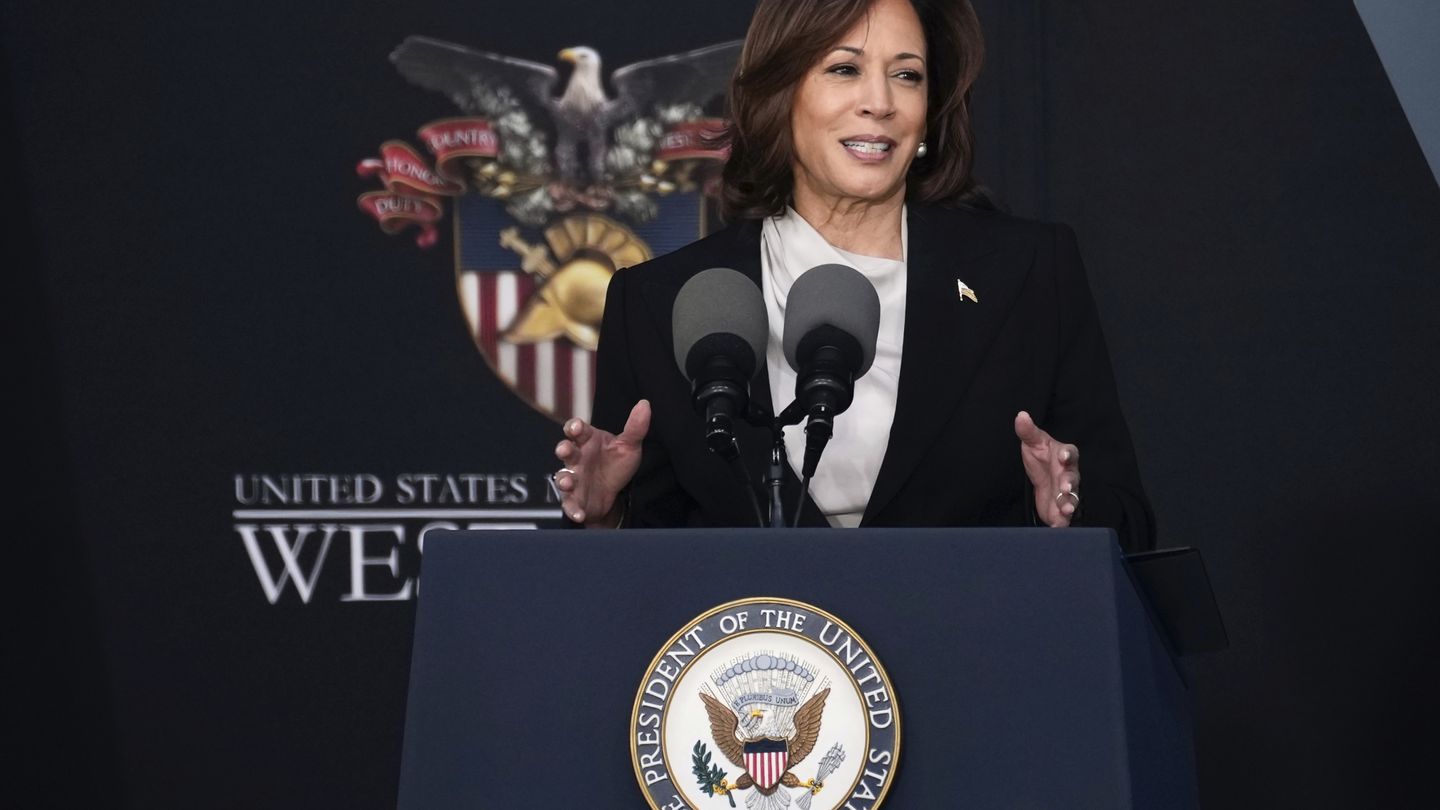 Vice President Kamala Harris speaks to cadets during the graduation ceremony at West Point May 27. (Bryan Woolston/AP)