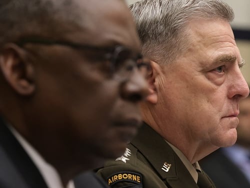 U.S. Defense Secretary Lloyd Austin, left, and Chairman of the Joint Chiefs of Staff Gen. Mark Milley testify to the House Armed Services Committee on June 23, 2021. (Alex Wong/Getty Images)