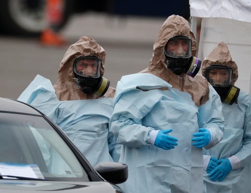 Colorado National Guard medical personnel prepare to perform coronavirus test on a motorist at a drive-through testing site outside the Denver Coliseum on Saturday in Denver. (David Zalubowski/AP)