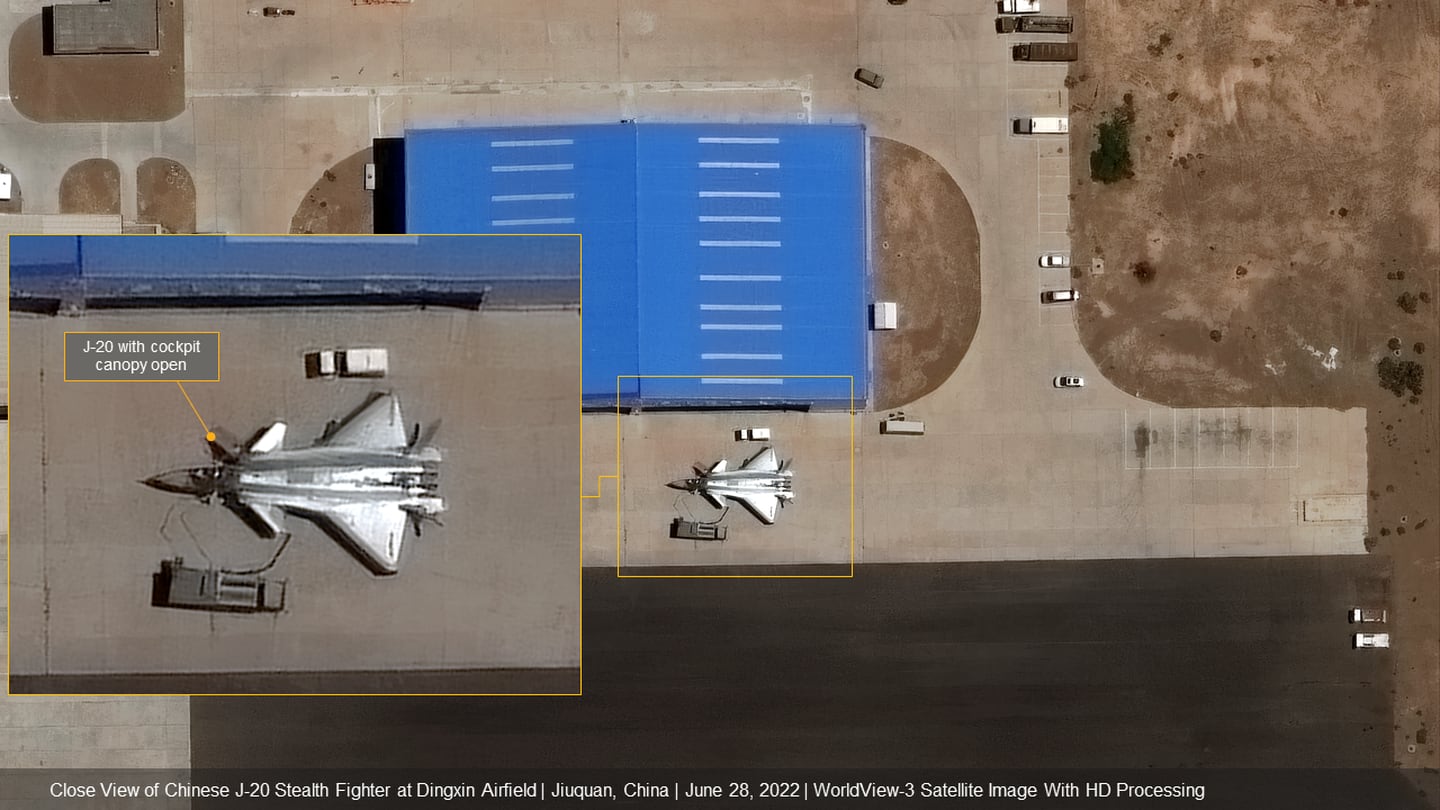 Satellite image shows a Chinese J-20 stealth fighter jet at Dingxin Airfield, Jiuquan, China, June 28, 2022.