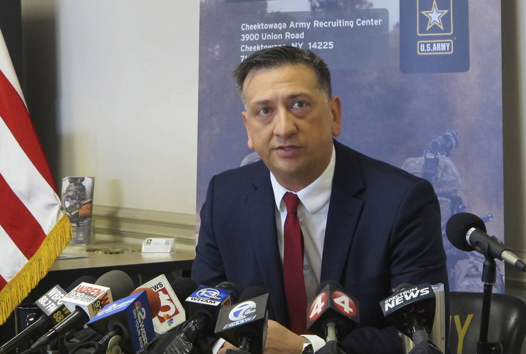 Staff Sgt. David Bellavia, of Lyndonville, N.Y., speaks at a news conference at an Army recruiting station in Cheektowaga, N.Y., Tuesday, June 11, 2019.