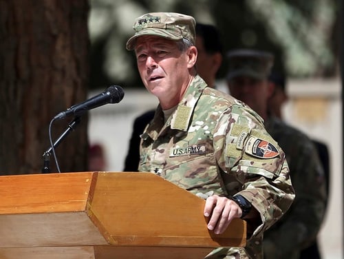 U.S. Army Gen. Austin Miller speaks during the change of command ceremony at Resolute Support headquarters in Kabul, Afghanistan, Sunday, Sept. 2, 2018. Miller assumed command of the 41-nation NATO mission in Afghanistan following a handover ceremony. (Massoud Hossaini/AP)