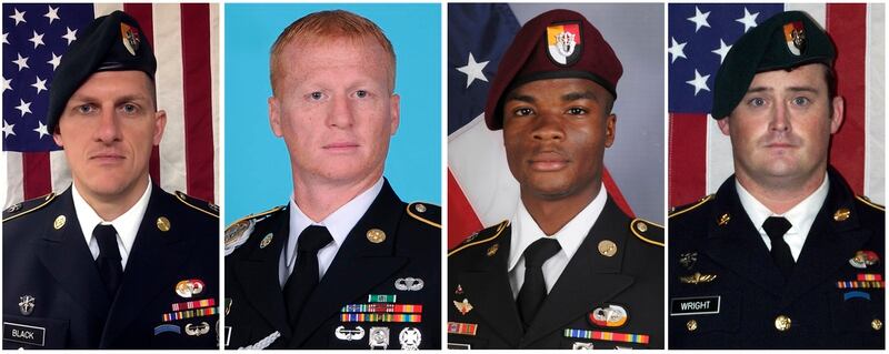 From left, Staff Sgt. Bryan C. Black, 35, of Puyallup, Wash.; Staff Sgt. Jeremiah W. Johnson, 39, of Springboro, Ohio; Sgt. La David Johnson of Miami Gardens, Fla.; and Staff Sgt. Dustin M. Wright, 29, of Lyons, Ga. They were killed in the 2017 ambush in Niger. (Army)