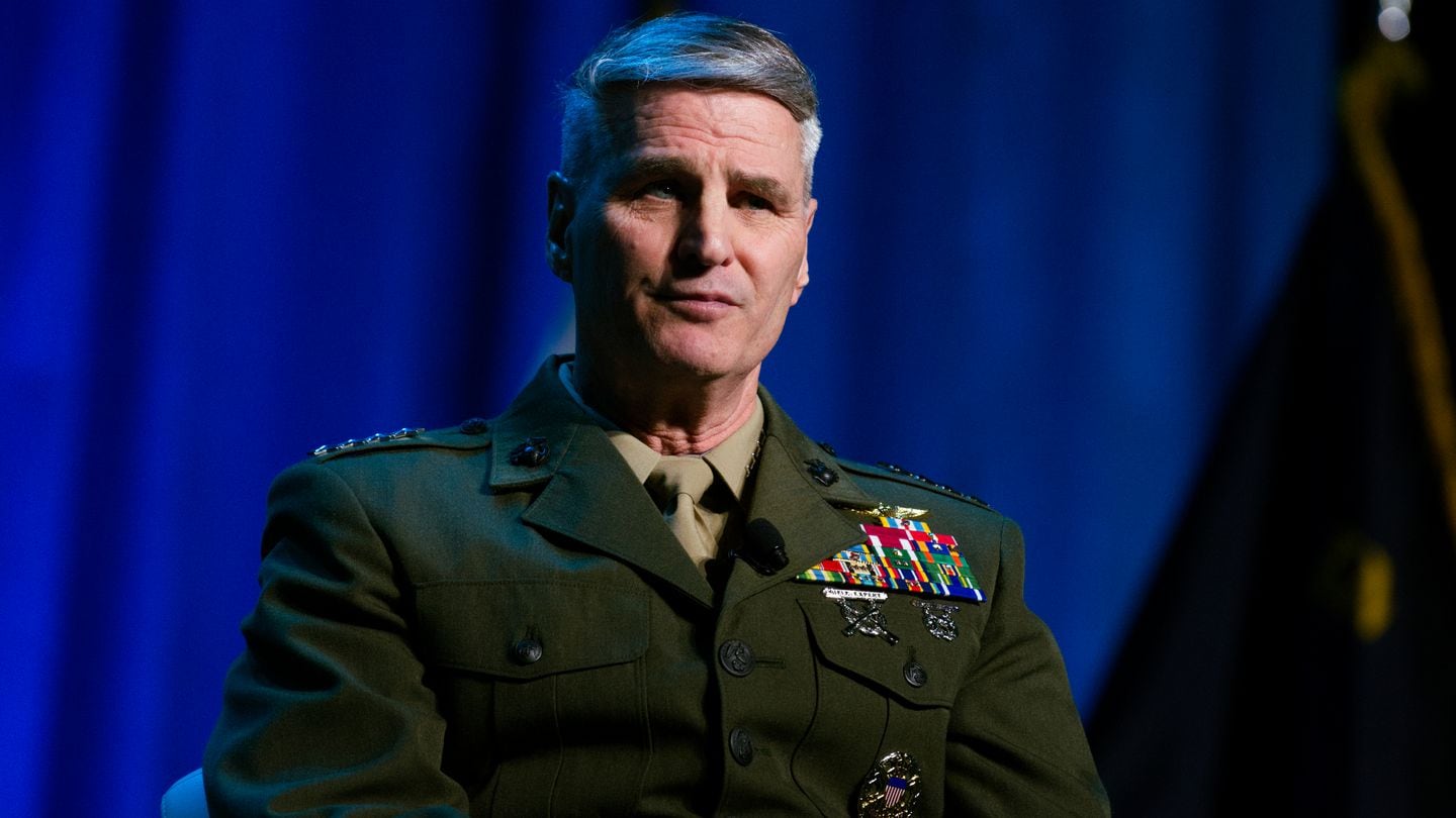 Assistant Commandant of the Marine Corps Gen. Christopher Mahoney takes his seat April 8, 2024, at the Sea-Air-Space conference in Maryland. (Colin Demarest/C4ISRNET)