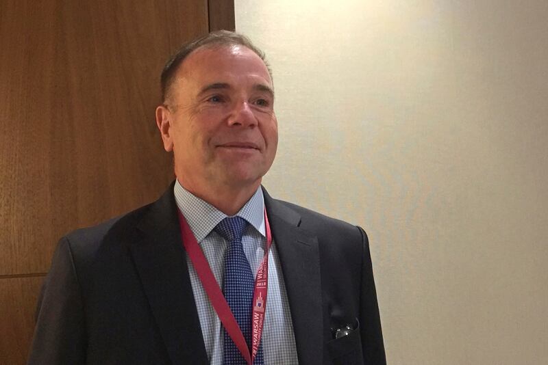 Retired Lt. Gen. Ben Hodges speaks to reporters on the sideline of the Warsaw Security Forum in Warsaw, Poland, Wednesday Oct. 24, 2018. Hodges, who was U.S. Army commander in Europe from 2014-17, told the forum that it's likely but not inevitable that the United States will be at war with China in 15 years. (AP Photo/Vanessa Gera)