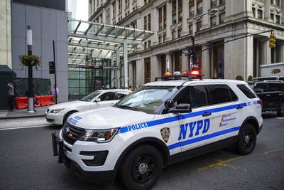 NYPD police vehicles respond near the scene of a suspicious package near the Fulton Street subway station in Lower Manhattan on Aug. 16, 2019, in New York City.