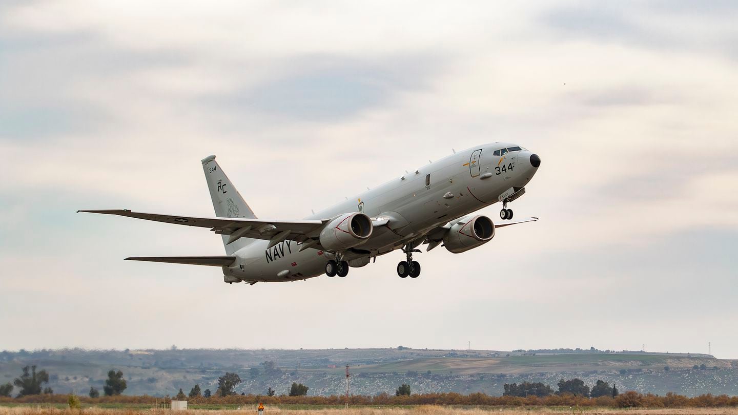 A P-8A Poseidon assigned to Patrol Squadron (VP) 46 takes off from the runway at Naval Air Station (NAS) Sigonella, Italy, Jan. 17, 2024.  (MC2 Jacquelin Frost/US Navy)