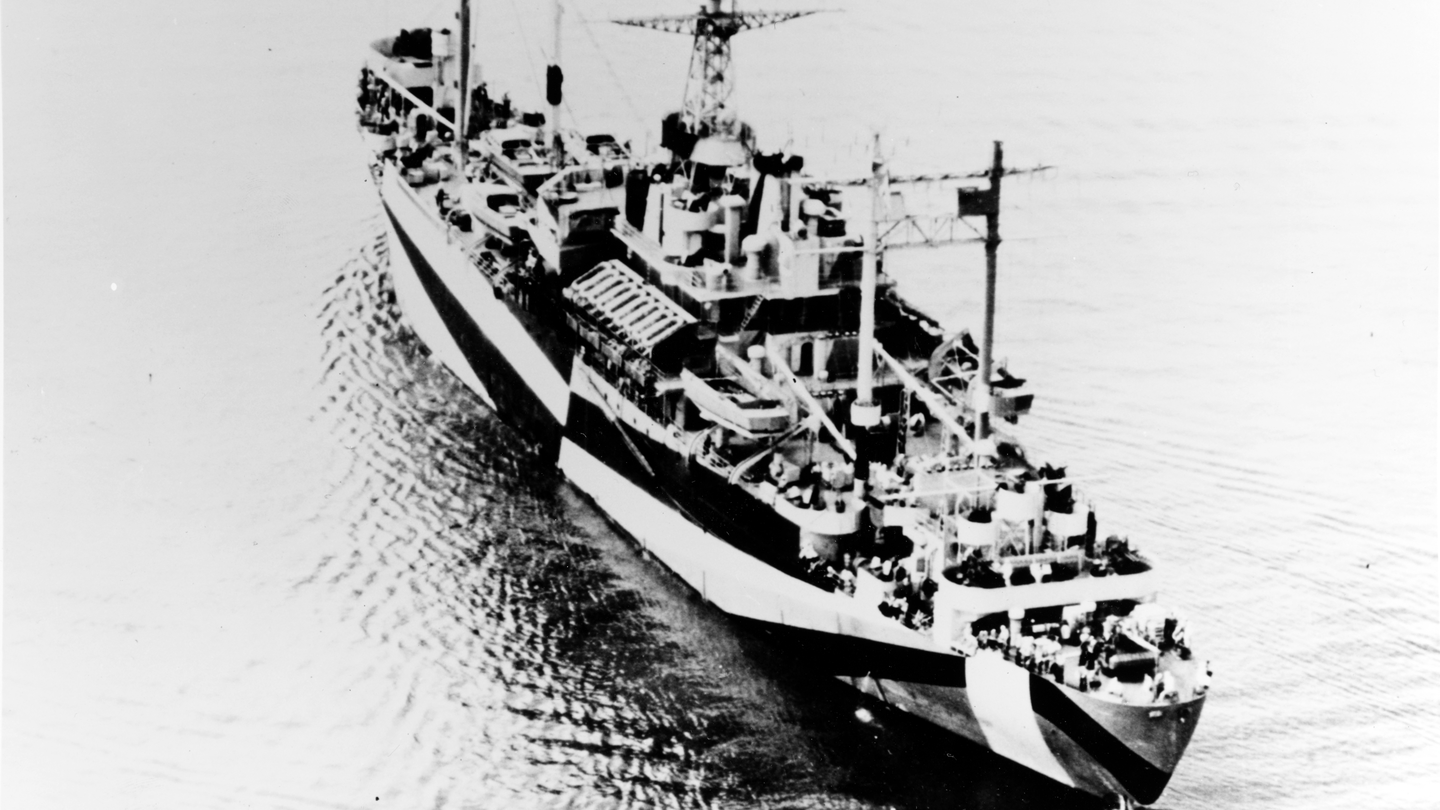 The U.S. Navy ship Wasatch is seen on May 15, 1944, painted for camouflage. (Courtesy of Donald M. McPherson via U.S. Navy)
