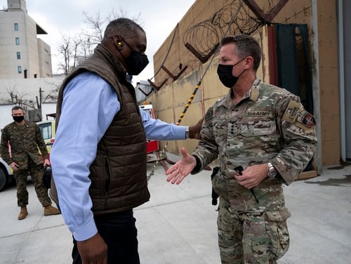 Secretary of Defense Lloyd Austin, left, greets the commander of NATO’s Resolute Support Mission and U.S. Forces – Afghanistan, Army Gen. Scott Miller, upon arrival at Resolute Support Headquarters in Kabul, Afghanistan, March 21, 2021. (Lisa Ferdinando/DoD)