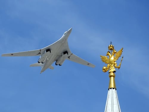 A Russian Tupolev Tu-160 Blackjack strategic bomber flies over Red Square during the Victory Day military parade in Moscow on May 9, 2015. (RIA Novosti/AFP via Getty Images)