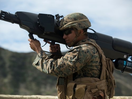 A U.S. Marine with 3rd Battalion, 4th Marines, Kilo Company utilizes a weapon that has the capabilities to shoot down drones with a net during Urban Advanced Naval Technology Exercise 2018 (ANTX18) at Camp Pendleton, Calif., March 20, 2018. The Marines are testing next generation technologies to provide the opportunity to assess the operational utility of emerging technologies and engineering innovations that improve the Marine’s survivability, lethality and connectivity in complex urban environments. (U.S. Marine Corps photo by Sgt. Laiqa Hitt)