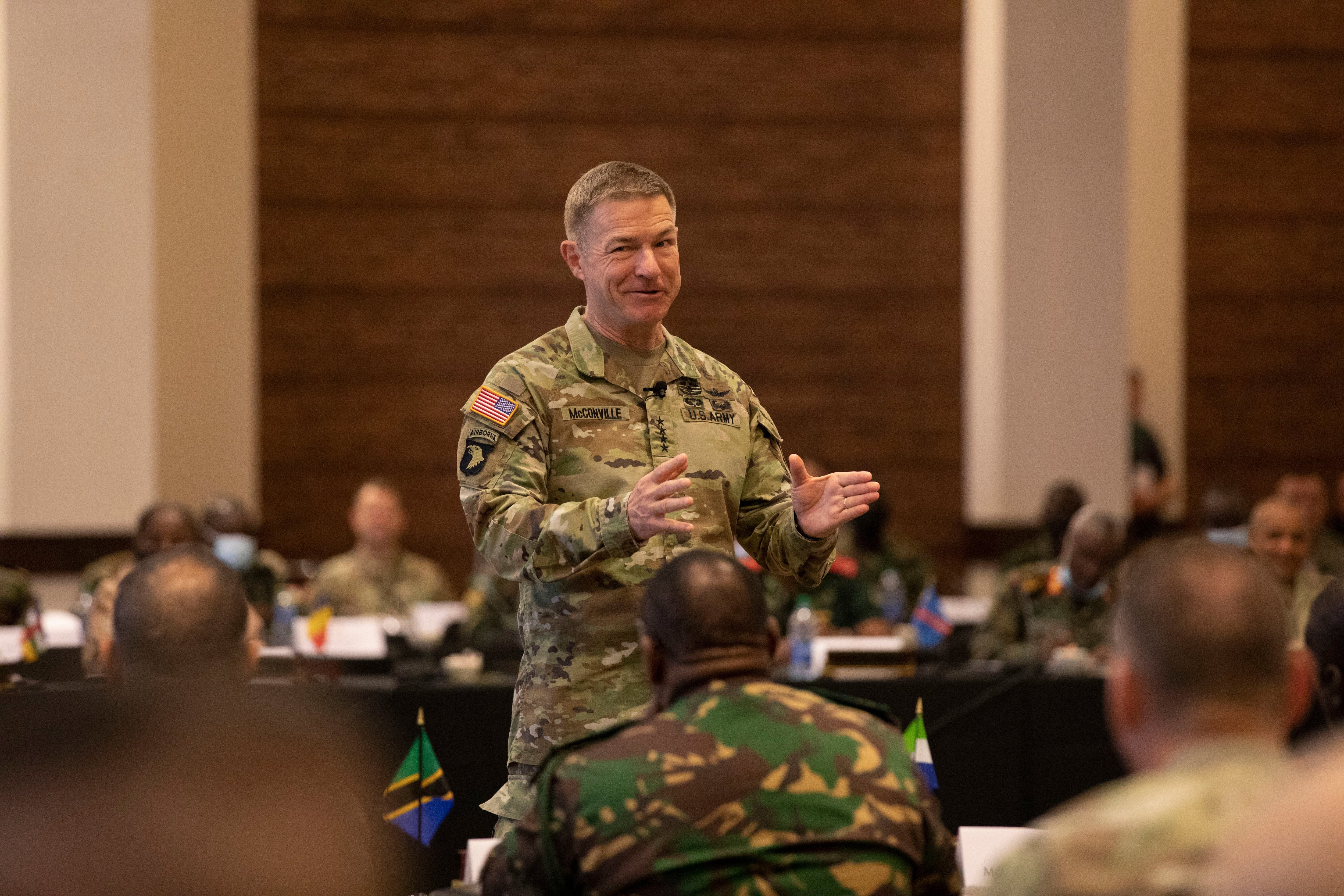 Gen. James C. McConville, Army chief of staff, answers a question following remarks at the African Land Forces Summit on Mar. 22, 2022 at the Columbus Georgia Convention and Trade Center in Columbus, Georgia. (Army/Sgt. Tianna Field)