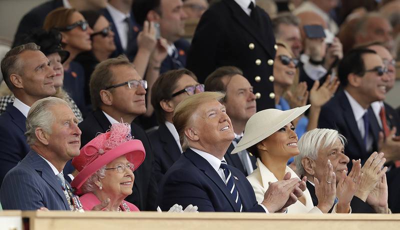 Britain's Prince Charles, Queen Elizabeth II, President Donald Trump, first lady Melania Trump and Greek President Prokopis Pavlopoulos