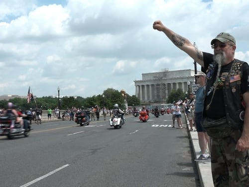 Air Force veteran Ray Weaver of Lancaster, Pa., salutes members of the annual Rolling Thunder ride in Washington, D.C. on May 27, 2018. Group organizers announced this week the 2019 event will be the last large-scale national ride because of growing costs. (Ben Murray/Military Times)