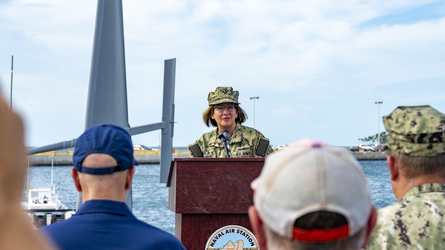 Then-Vice Chief of Naval Operations Adm. Lisa Franchetti delivers opening remarks during a hybrid fleet event held at Naval Air Station Key West on Oct. 11, 2023. (MC Amanda Gray/U.S. Navy)