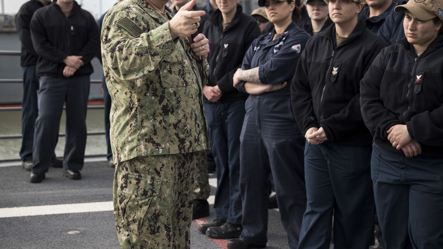 Chief of Naval Personnel Vice Adm. Rick Cheeseman speaks to sailors during an all-hands call aboard the cruiser Gettysburg on Feb. 22. (MC1 Jeanette Mullinax/Navy)