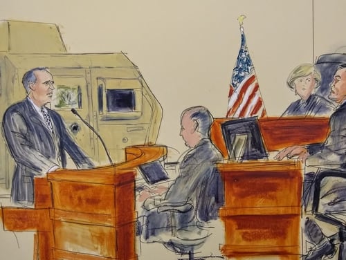 Lead attorney Gary Osen questions former Army Pfc. Robert Bartlett in federal court about his experience during an attack that severely wounded him, other soldiers and killed his friend Staff Sgt. William Brooks in May 2005. The trial is an effort to hold Iran accountable for their support of the bombings in Iraq. (Elizabeth Williams/Courtesy of Osen Law Firm)