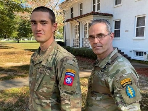 Army 2nd Lt. Seth Shields, left, graduated from Ranger School Thursday, exactly 35 years after his father, Chaplain (Maj.) Charlie Shields, did the same on Nov. 12, 1985. (Courtesy of Chaplain (Maj.) Charlie Shields)