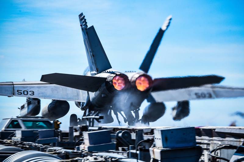 An E/A-18G Growler launches from the flight deck of the aircraft carrier USS Ronald Reagan (CVN 76) on Oct. 23, 2020, in the Philippine Sea.