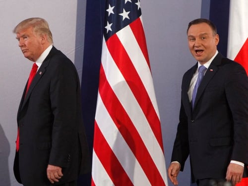 U.S. President Donald Trump, left, and Poland's President Andrzej Duda, leave at the end of a joint press conference in Warsaw, Poland, in June 2017. Trump and Duda will meet at the White House on June 24, four days ahead of a presidential election in Poland. (Czarek Sokolowski/AP)