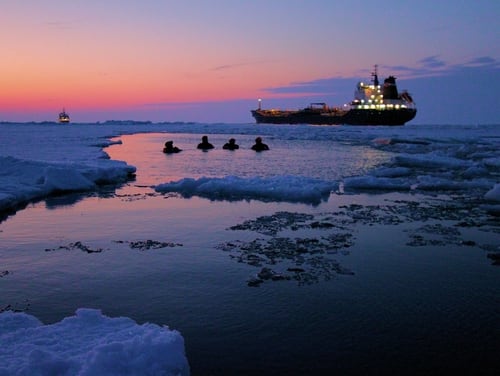 Crewmembers from the Coast Guard Cutter Bristol Bay take a dip in Lake Erie at sunset with the Canadian Coast Guard Ship Griffon and the motor vessel Algoma Hansa in the background, March 8, 2015. (Chief Petty Officer Nick Gould/Coast Guard)