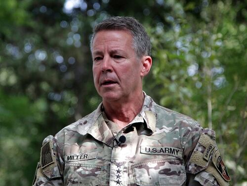 U.S. Army Gen. Austin S. Miller, the U.S.'s top general in Afghanistan, speaks to journalists at the Resolute Support headquarters in Kabul on June 29, 2021. (Ahmad Seir/AP)