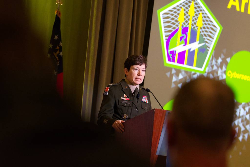 Lt. Gen. Maria Barrett, the leader of U.S. Army Cyber Command, delivers a speech Aug. 17, 2023, at the AFCEA TechNet Augusta conference in Georgia.