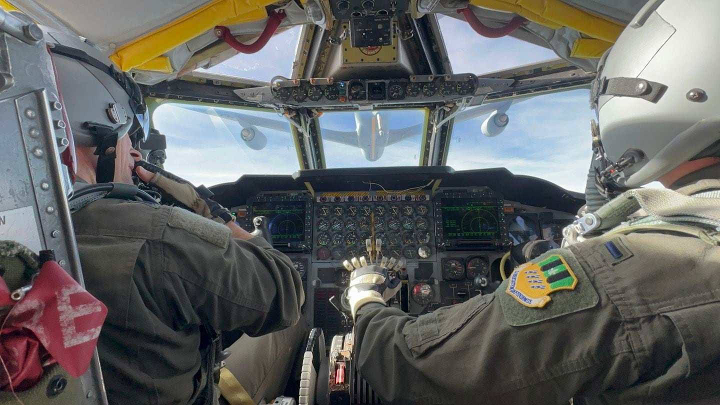 Student pilot 1st Lt. Clayton Hultgren of the 11th Bomb Squadron, right, guides a B-52H Stratofortress in for aerial refueling from a KC-135 Stratotanker above Arkansas on Jan. 4, 2024. (Stephen Losey/Staff)