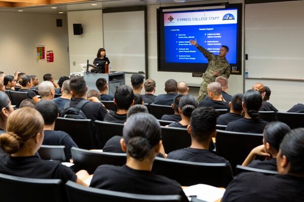 Visiting scholars receive a briefing during their visit to Cypress College in California on Aug. 7, 2019, as part of a California National Guard program. (Staff Sgt. Crystal Housman/Air National Guard)