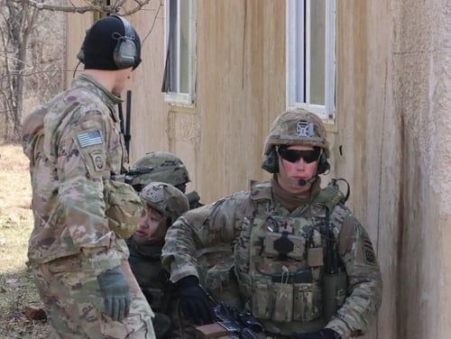 Paratroopers with C Company, 1-508th Parachute Infantry Regiment (PIR), 82nd Airborne Division (Air Assault) communicate using the Integrated Tactical Network (ITN) during a battle drill to clear buildings during a live fires exercise at Camp Atterbury, Indiana in January 2019. (Justin Eimers/U.S. Army)