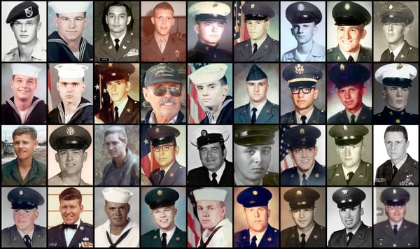 FILE - This combination of file photos provided by their families shows some of the hundreds of U.S. veterans of the Vietnam War who suffered from cholangiocarcinoma, a rare bile duct cancer believed to be linked to liver fluke parasites in raw or poorly cooked river fish. This cancer takes decades to manifest itself. Top row from left are Andrew G. Breczewski, Arthur R. Duhon Sr., Clarence E. Sauer, Dennis Anthony Reinhold, Donald Edward Fiechter, George Jardine, Horst Alexander Koslowsky, Hugo Rocha and James Robert Zimmerman. Second row from left are James Vincent Kondreck, John J. Skahill Jr., Johnny Herald, Leonard H. Chubb, Louis A. DiPietro, Mario Petitti, Mark M. Lipman, Marvin H. Edwards and Michael Kimmons. Third row from left are Mike Brown, Paul Smith, Pete Harrison, Peter D. Antoine, Ralph E. Black, Ricardo Ortiz Jr., Richard Anthony Munoz, Robert J. Fossett Jr. and Robert L. Boring. Fourth row from left are Robert Lee Phelps, Ronald Lee Whitman, Thomas F. Brock, Thomas Michael Cambron, Thomas R. Kitchen Jr., W. Roy Leuenberger, Wayne Lagimoniere, William Boleslaw Klimek and William Francis Hanlon Jr. (AP)