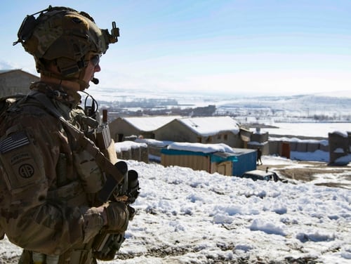 A paratrooper provides security during a key leader engagement Feb. 1, 2020, in southeastern Afghanistan. (Master Sgt. Alejandro Licea/Army)