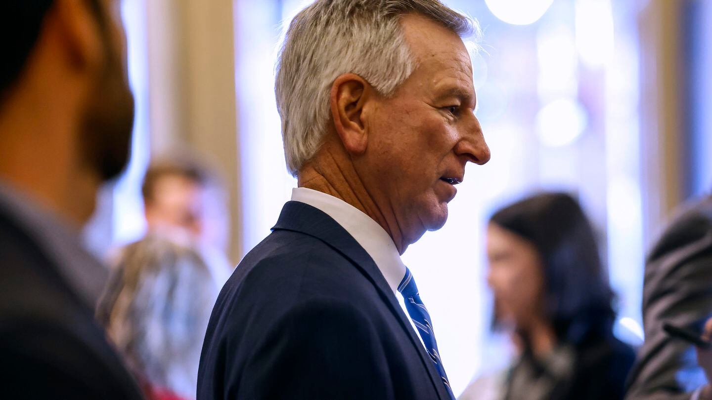 Sen. Tommy Tuberville (R-AL) speaks with reporters as he leaves a luncheon with Senate Republicans in the U.S. Capitol on September 13, 2023 in Washington, DC.  (Photo by Anna Moneymaker/Getty Images)