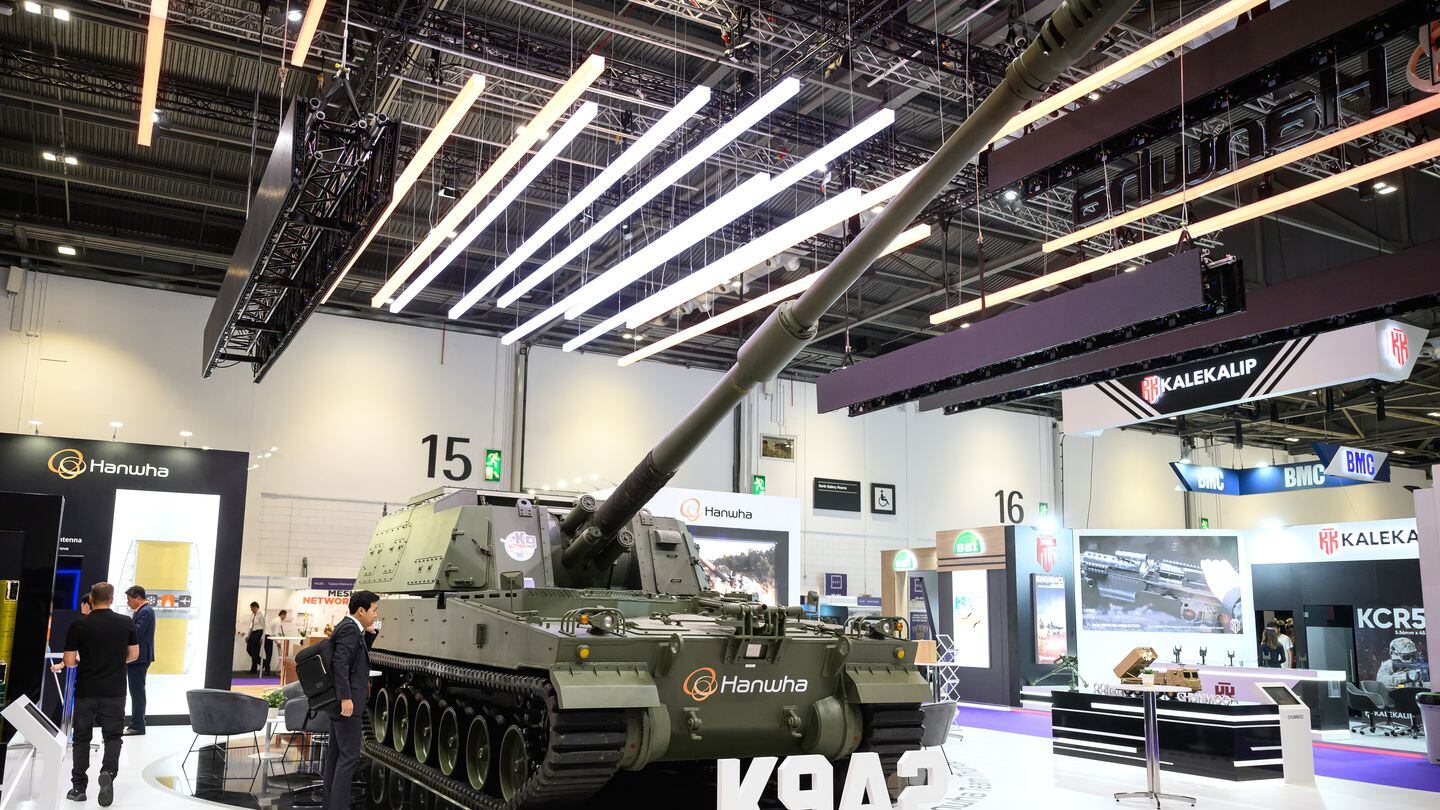 A K9A2 self-propelled howitzer from Hanwha is on display at the DSEI show on Sept. 12, 2023. (Leon Neal/Getty Images)
