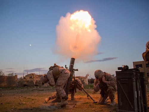 U.S. Marines fire a 120mm mortar round during a registration mission in an undisclosed location of southwest Asia, on Dec. 20, 2018, while supporting Operation Inherent Resolve — the defeat-ISIS coalition. (Sgt. Matthew Crane/Army)