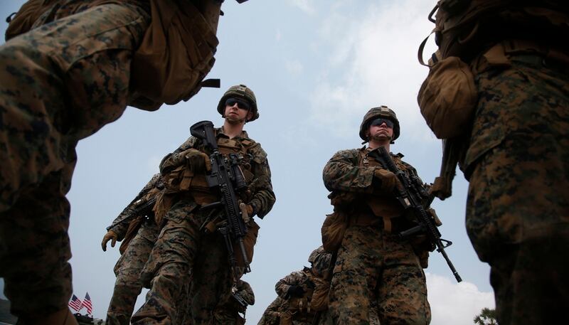 U.S. Marines join in an ongoing Cobra Gold U.S.-Thai joint military exercise on Hat Yao beach in Chonburi province, eastern Thailand, Saturday, Feb. 17, 2018. Approximately 11,000 military personnel from the U.S., Thailand, and South Korea are taking part in the annual drill. (Sakchai Lalit/AP)