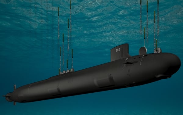 A rendered image of the Virginia Block V attack submarine, destined to change the submarine community. (Courtesy of General Dynamics)