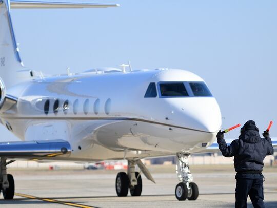 A C-37B Gulfstream 550 aircraft arrives at Joint Base Andrews in Maryland Dec. 20. The base has declared an emergency due to coronavirus. (Tech. Sgt. Kentavist Brackin/Air Force)
