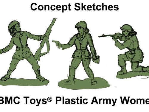 Imel's concept sketches of plastic army women. (BMC Toys)