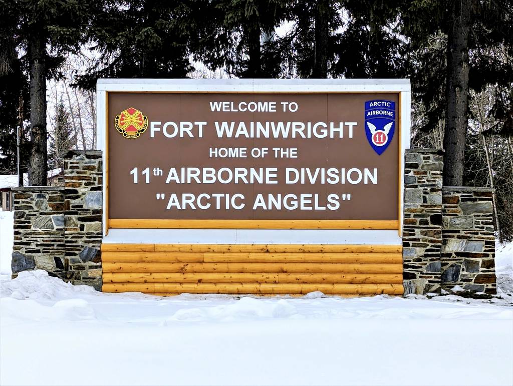 This photo provided by Fort Wainwright Public Affairs Office shows a recently installed sign at the main entry point to U.S. Army Garrison Alaska Fort Wainwright on April 5, 2023, in Fairbanks, Alaska.