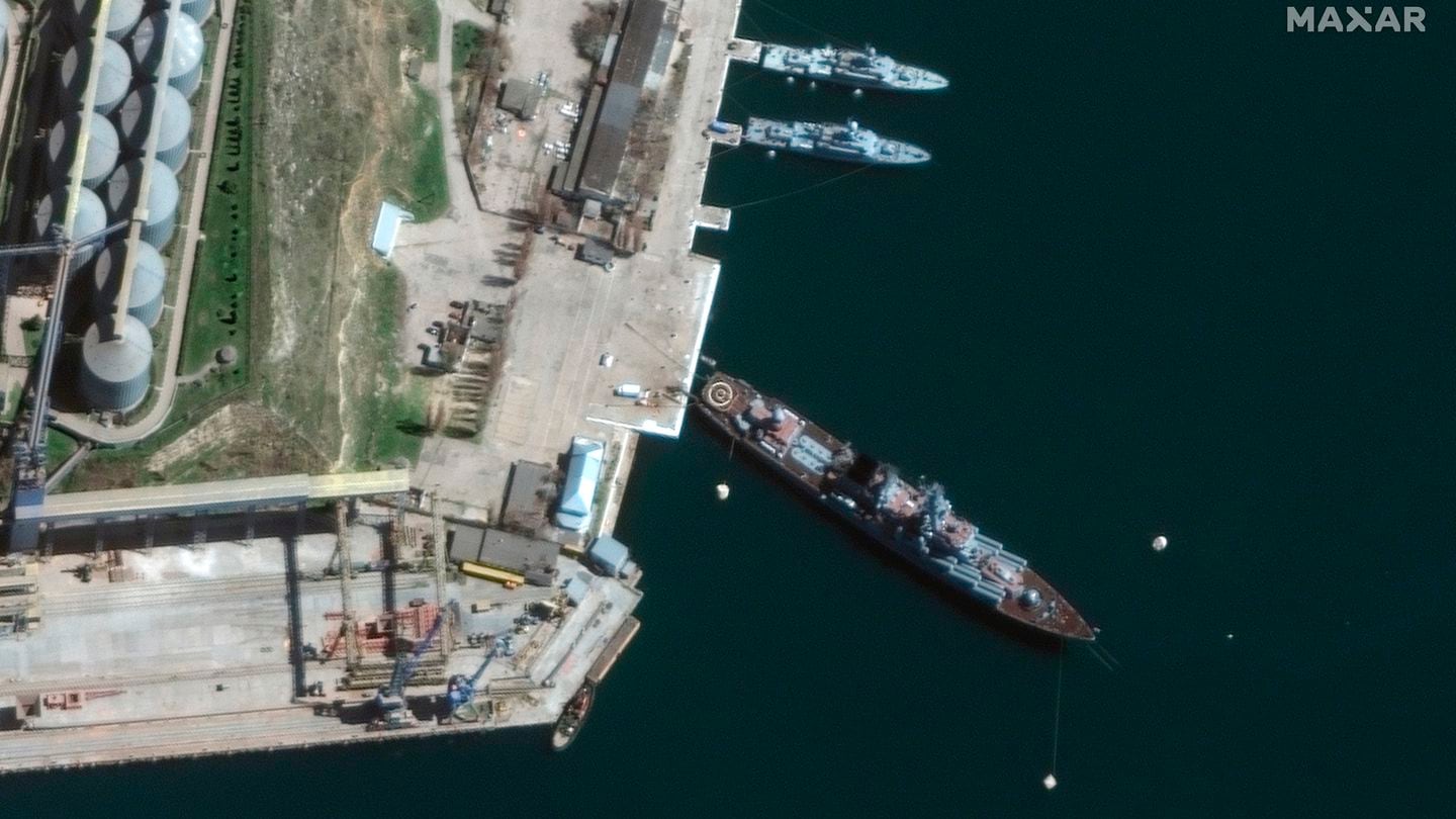 This satellite image shows the Russian cruiser Moskva in a port in Crimea, Ukraine, on April 7, 2022. (Maxar Technologies via AP)