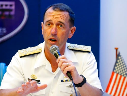 Adm. John Richardson, Chief of Naval Operations, speaks during a news conference with Philippine Armed Forces Chief Gen. Carlito Galvez Jr., following their Oct. 29 meeting at Camp Aguinaldo in suburban Quezon city, northeast of Manila, Philippines. (Bullit Marquez/AP)