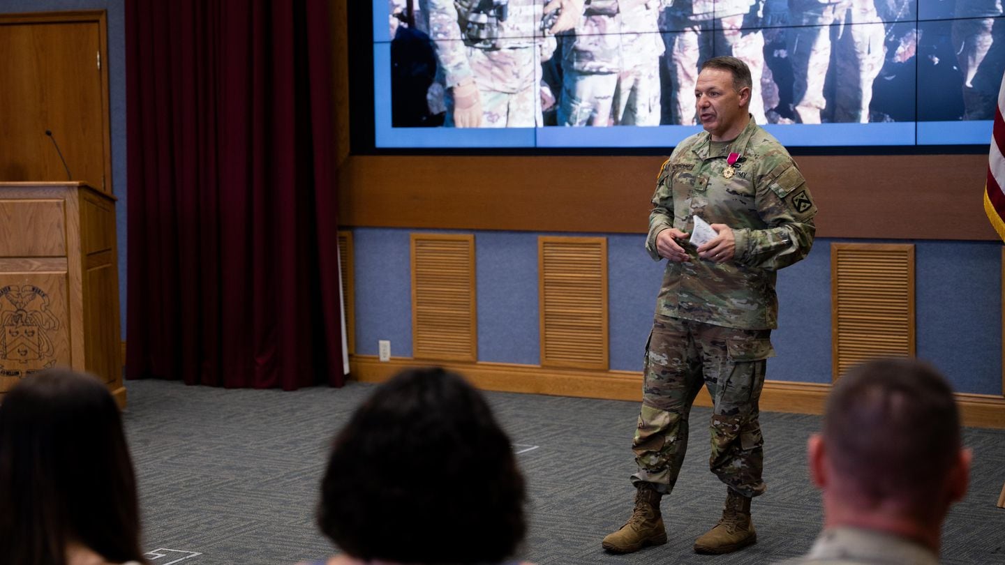 Then-Brig. Gen. Charles Lombardo addresses a crowd at the Army Combined Arms Center at Fort Leavenworth, Kan., in May 2022. Lombardo went from deputy commanding general of CAC to the Army's director of training, G-3/5/7. (Army)