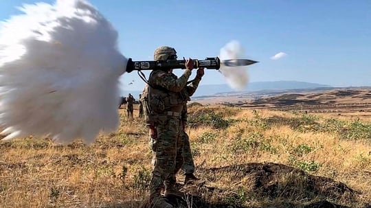 Sgt. Brendan Seiber fires an AT4 anti-tank weapon at a range located in the Vaziani Training Area near Tbilisi, Georgia, during Exercise Agile Spirit, July 30, 2019. (Sgt. Brendan Seiber/Army)