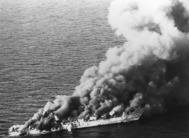 U.S. carrier jets attacked the Iranian frigate Sahand in retaliation for the minestrike on the Samuel B. Roberts. The ship was hit by three Harpoon missiles plus cluster bombs. (Defense Department)