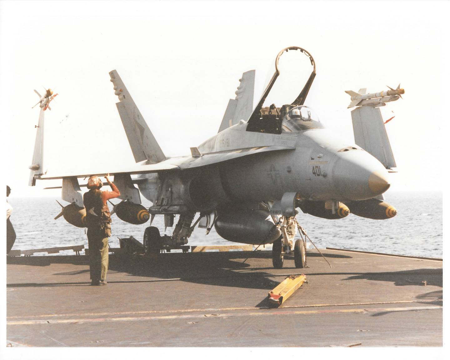 Fox’s F/A-18 aboard the USS Saratoga before launching. The MiG profile above the side number on the nose shows it has had one confirmed kill—on Jan. 17, 1991.