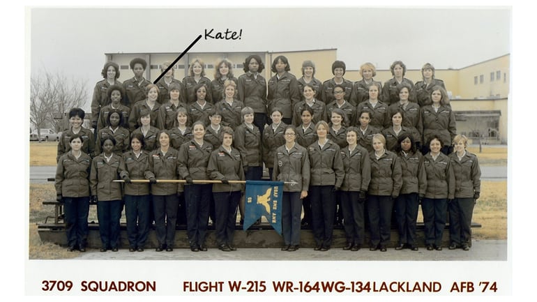 Airman Kate Kelly with her flight class at Lackland Air Force Base in 1974, just prior to getting assigned to George Air Force base. Kelly said she began to feel ill almost immediately upon arriving at George. She ultimately had three miscarriages and was never able to have children. While at George Kelly met her former husband, Ronald Holdren. He died in 2008 of multiple myeloma, a cancer that forms in plasma cells.