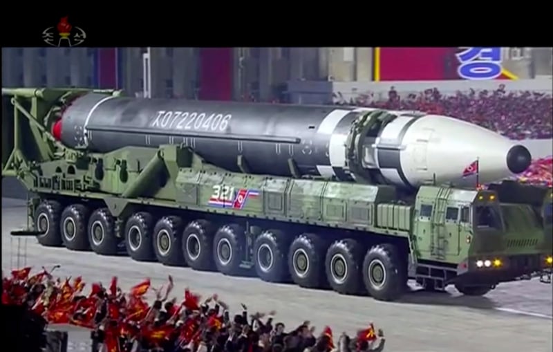 This image made from video broadcast by North Korea's KRT, shows a military parade with what appears to be possible new intercontinental ballistic missile at the Kim Il Sung Square in Pyongyang, Oct. 10, 2020. (KRT via AP)